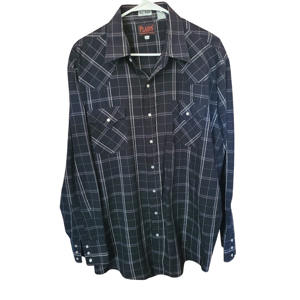 Plains Western Wear Tall Man Pearl Snap Long Sleeve Shirt Plaid Men's XLT Black